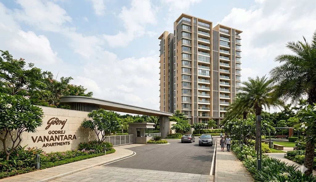 Master plan of Godrej Vanantara 36-acre residential project featuring 18 high-rise towers and a 70,000 sq ft luxury clubhouse off Bannerghatta Road.